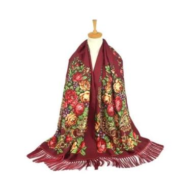 Imagem de Lenço Estampado Floral Estilo Russo Feminino Retrô Com Franjas Xale Uc