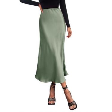 Imagem de Saia Midi de Cetim Cintura Alta Verde Claro XL PRETTYGARDEN