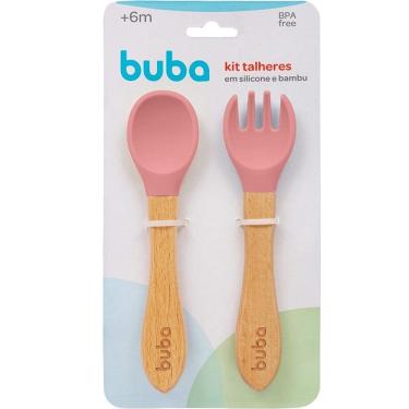 Imagem de Kit Talher de Silicone e Bambu Garfo Colher de Bebe Buba Rosa