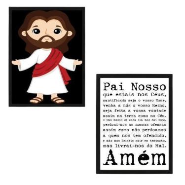 Imagem de Kit 2 Quadros Infantis Oração Pai Nosso 33X24 C/Vidro Preta