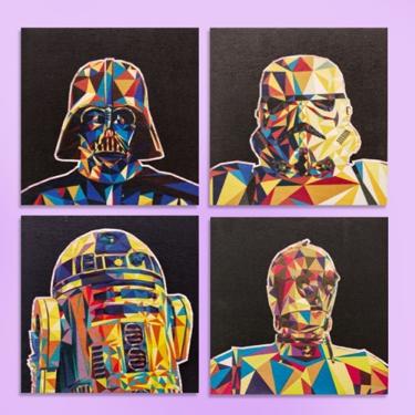 Imagem de Kit com 4 Quadros Ícone Star Wars Colors Tpc para Decoração com Impressão UV em Madeira Compensado Naval