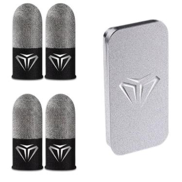 Imagem de Luva de Dedo Gamer para Celular Wm Fibra de Prata com Caixa Metálica Anti Suor 4 Unidades