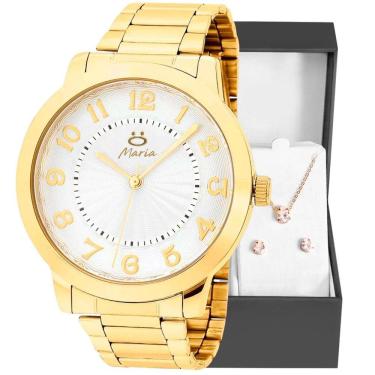 Imagem de relogio feminino dourado inox aço + colar + brincos + caixa presente strass moda qualid...