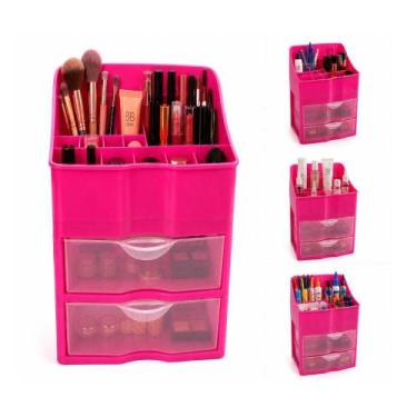 Imagem de Organizador cosmeticos maquiagem rosa 2 gavetas porta batons pinceis g