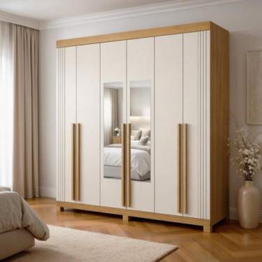 Imagem de Guarda-Roupa Casal 6 Portas 4 Gavetas MDF com Pés e Espelho Liss Marro