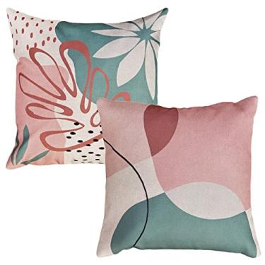 Imagem de Kit 2 Capas Almofada Linho Geometria Floral Rosa Verde 43x43 (Costela de Adão e Abstrata)