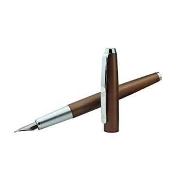 Imagem de HongDian 525 Caneta-tinteiro de metal marrom ponta dobrada, caligrafia Fude 0,6 mm com conversor e conjunto de caixa de metal