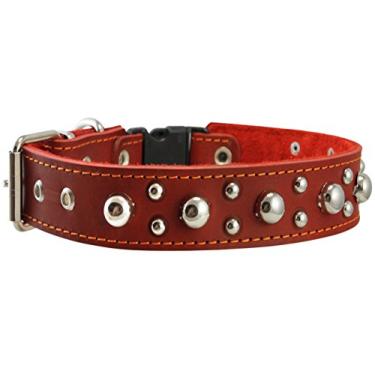 Imagem de Coleira para cachorro de couro genuíno vermelho, acolchoada de camurça macia de 3,8 cm de largura. Cabe em pescoço de 43 a 50 cm.