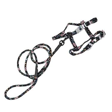 Imagem de Conjunto de arnês e trela para gatos, conjunto de trela ajustável de coelho conjunto de arnês de tração nas costas e trela para animais de estimação para gatos pesando 2,5 a 10 kg (preto floral, P)