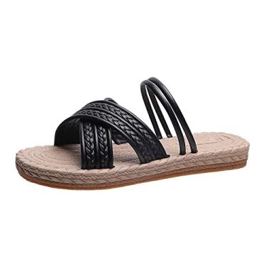 Imagem de Sandálias de cadarço para mulheres meninas senhoras moda cor sólida tira de couro aberto dedo palha sola tecida sandálias planas (preto, 6,5)