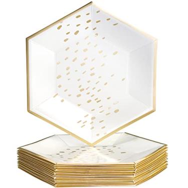 Imagem de Pratos de papel com design abstrato | Placas laterais hexagonais | Coleção Deco | 19 cm | Branco/Marfim