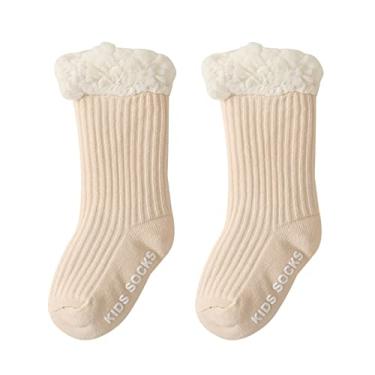 Imagem de Mercatoo Meias para bebês meninos e meninas meias de cano curto com punhos unissex de lã quente de algodão grosso, Caqui, 0-6 Meses