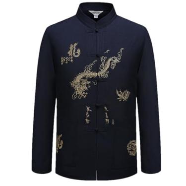 Imagem de ZMIN Terno masculino chinês tradicional roupas masculinas artes marciais gola alta camisa top roupas Han roupas Kung Fu, Long Chang Xiu azul-marinho, M