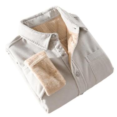 Imagem de Camisa de inverno masculina japonesa casual grossa algodão sólido veludo cotelê camisa cáqui com bolso mantém quente tops, Cinza claro, G