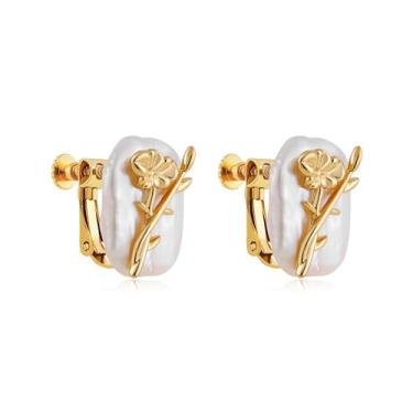 Imagem de SLOONG Brincos de flor de nascimento, banhado a ouro 18 K, brincos de pérola de água doce para mulheres, piercing falso, pérolas barrocas, brincos de orelha, Cobre, Pérola