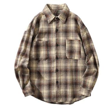 Imagem de Camisa masculina casual retrô xadrez abotoada manga comprida gola lapela camisa streetwear, Cáqui, XXG