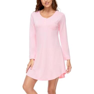 Imagem de GYS Camisola feminina de manga comprida com viscose macia, gola V, vestido de noite com botões, rosa, M