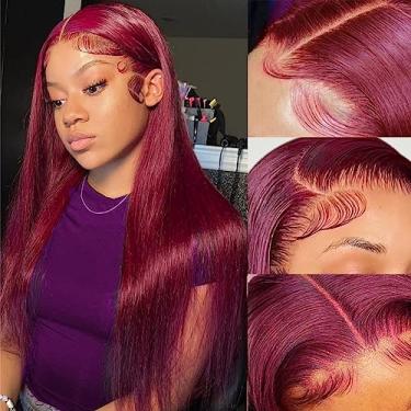Imagem de Subella 99j Burgundy 13x4 Perucas frontais entrelaçadas transparentes cabelo humano pré-arrancado com cabelo de bebê 180% densidade sem cola vinho peruca vermelha colorida reta 99j peruca frontal de renda para mulheres negras (55,88 cm)