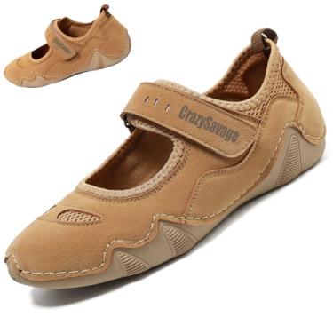 Imagem de CrazySavage Tênis feminino casual respirável Mary Jane plano ajustável gancho e laço caminhada enfermeira sapato social fechado bico redondo leve slip on ortopédico sapato de trabalho, Marrom, 38