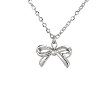Imagem de kkjoy Lindo pequeno colar de laço de aço inoxidável banhado a prata delicada fita borboleta pingente colar borboleta laço joia para mulheres encantadoras senhoras, Length 45+5cm, Aço inoxidável, Sem