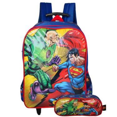 Imagem de Mochila Infantil Rodinhas + Estojo Superman Vs Lex Luthor 2 Bolsos - L