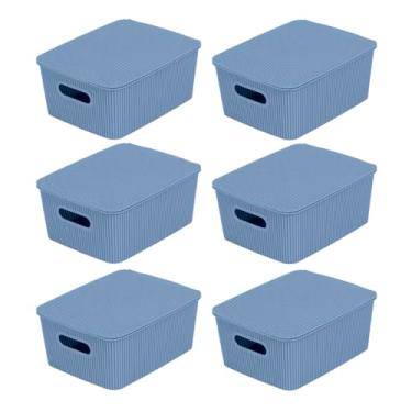 Imagem de Glad Cestas de armazenamento com tampas - Conjunto de 6 caixas de plástico empilháveis com alças - Caixas organizadoras de prateleira decorativas para banheiro e armário, azul, 1 galão