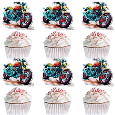 Imagem de 18pcs Cycling Motorcycle cupcake topper red glitter Harley motorcycle happy birthday scooter decoration, racing sports party, rider birthday party, motorcycle party decoration, is a great gift. (7)