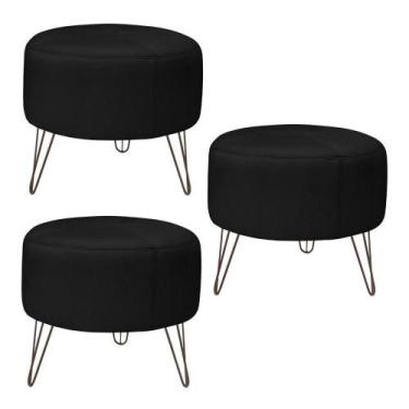 Imagem de Kit 3 Puffs Decorativos Redondo Pés Metal Couro Preto - Gran Belo