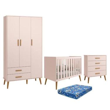 Imagem de Dormitório Infantil Isis Guarda Roupa 3 Portas Cômoda E Berço Rosa Com Colchão Reller Móveis Rosa