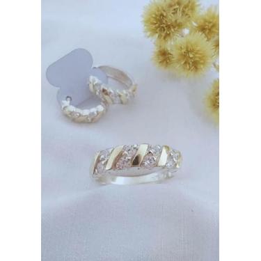 Imagem de Kit Anel + Brinco Argola Em Prata 925 Apliques De Ouro 14 K E Zircônia