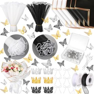 Imagem de Qilery 243 peças de papel de embrulho floral impermeável para buquê de flores, suprimentos para floristas, com decoração de borboleta, coroas, fitas, buquê, alfinete, cola para artesanato DIY (preto,