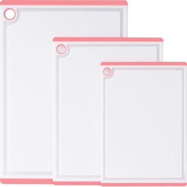 Imagem de Tábuas de corte de plástico para cozinha, conjunto de tábuas de corte grandes de 3 peças, seguro para lava-louças, com pés antiderrapantes e ranhuras de suco, rosa, Kikcoin