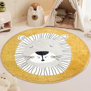 Imagem de USTIDE Tapete circular de leão infantil, macio, antiderrapante, com tema de desenho animado, lavável à máquina, tapete redondo para sala de estar, quarto, berçário, jardim de infância, decoração de