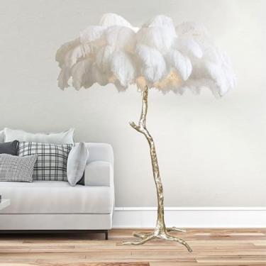 Imagem de Luminária de chão moderna para decoração de sala de estar e quarto, luminária de chão de penas de avestruz com abajur dourado corpo alto luz de pé para sala de estar, decoração de escritório em casa