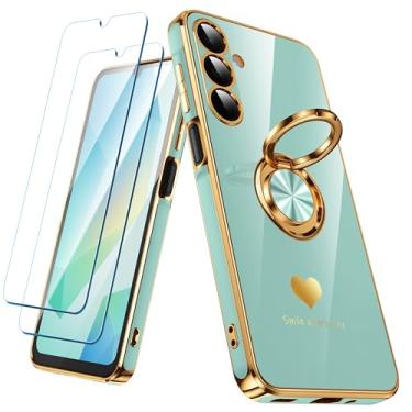 Imagem de Nonional Capa para Samsung Galaxy A16 5G com 2 protetores de tela, suporte de anel giratório de 360° [padrão de corações de luxo] Capa para celular fina e macia com borda dourada banhada a ouro para