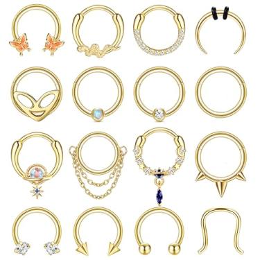 Imagem de LOYALLOOK 16 peças de anéis de septo de 16 g para mulheres e homens com pingente de aço cirúrgico joias septo clicker ferradura piercing nariz argola articulada segmento daith hélice tragus cartilagem