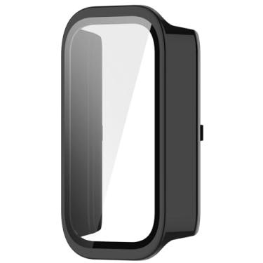 Imagem de MOTONG Capa protetora de relógio de cobertura total para PC, protetor de tela de vidro temperado compatível com Xiaomi Smart Band 9 Active, usando com pulseira original (PC preto)