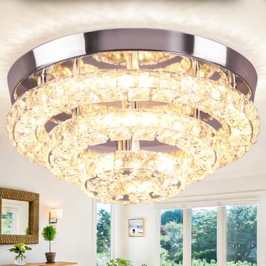 Imagem de Cainjiazh Lustres De Cristal De 11,8" Lustres De Cristal Modernos Lustres De Led Lustre De Montagem Semi-Embutida Luminária De Teto De Cristal Para Quartos Sala De Jantar Corredor (Luz Quente Redonda)