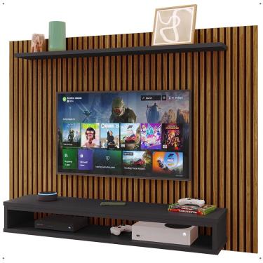 Imagem de Painel Suspenso Nairóbi Prateleira Superior Nicho Tv até 48 Polegadas Sala Estar Quarto - Ripado Freijó/Preto - Lojas RPM