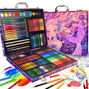 Imagem de Cokiki Materiais de arte, conjuntos de arte de 184 peças para meninas de 6 a 12 anos, kit de arte de desenho de aniversário de princesa roxa com lápis de cor, giz de cera, pastéis a óleo, conjunto de