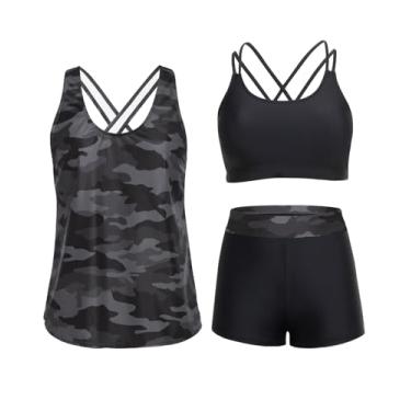 Imagem de Holipick Tanquíni feminino de 3 peças, controle de barriga, regata com sutiã, shorts para meninos e adolescentes, Camuflagem, XGG
