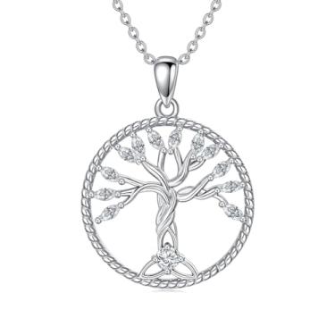 Imagem de WTYIM Colar feminino com nó celta de diamante moissanite, banhado a ouro 14 K, nó da trindade, nó da trindade, claddagh/árvore celta da vida, presente de Natal para sua mãe, esposa, 46 + 5 cm, Prata