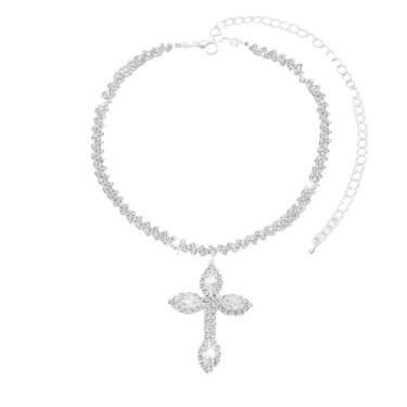 Imagem de Colar feminino com pingente de cruz de strass de prata delicado diamante brilhante colar de gargantilha declaração moda crucifixo de cristal corrente ajustável luxo festa de casamento casamento baile