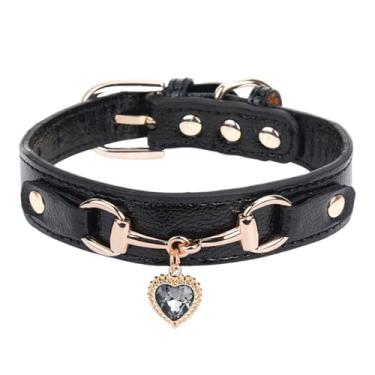 Imagem de THAIN Coleira de cachorro moderna com diamantes brilhantes e pingente de coração – Colar de strass de couro PU ajustável com 5 furos, fivela dourada para cães médios, meninas e meninos (preto, M)