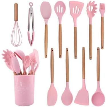 Imagem de Kit 12 Utensílios De Cozinha Em Silicone E Cabo De Madeira, Conjunto Antiaderente, Possui Espátulas, Colheres, Pegadores, Fouet, Pincel e Suporte Premium (Rosa)