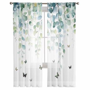 Imagem de EZON-CH Conjunto de 2 painéis de cortinas transparentes, folhas de eucalipto borboleta, cortinas retrô aquarela, com bolso de varão, cortinas para decoração de cozinha, quarto, sala de estar, persiana
