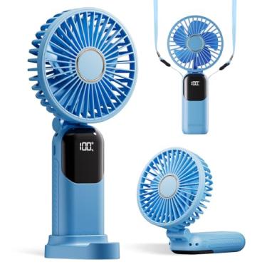 Imagem de Ventilador portátil Gockera, ventilador operado por bateria de 4200 mAh, 5 velocidades e display digital, ventiladores de maquiagem com base, para mulheres, ventilador portátil 3 em 1, dobrável, 180°