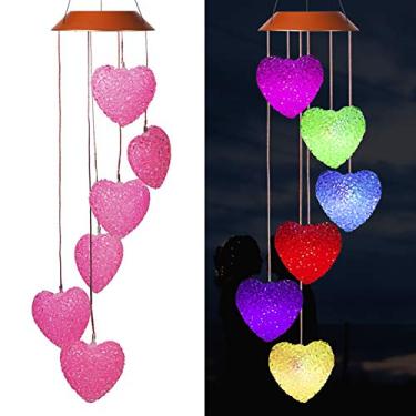Imagem de Loving Heart Solar Wind Chimes para pendurar ao ar livre – À prova d'água, energia solar, luzes que mudam de LED, cor móvel, sino romântico de vento, 6 corações em forma de vento, presentes para casa, festa, decoração de jardim noturno.