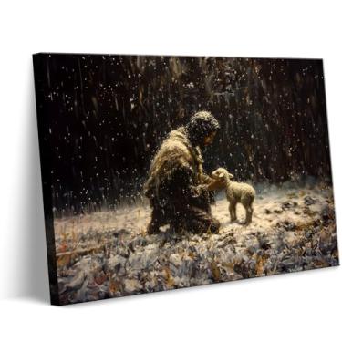 Imagem de Jesus and Lamb Canvas Wall Art Jesus Christ Finds the Lost Lamb Poster Print Christian Lost Sheep Parable The Good Shepherd Decoração de parede Imagens para sala de estar quarto decoração de igreja 30