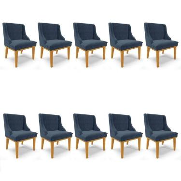 Imagem de Kit 10 Cadeiras Estofadas Para Sala De Jantar Base Fixa De Madeira Castanho Lia Suede Azul Marinho - Ibiza